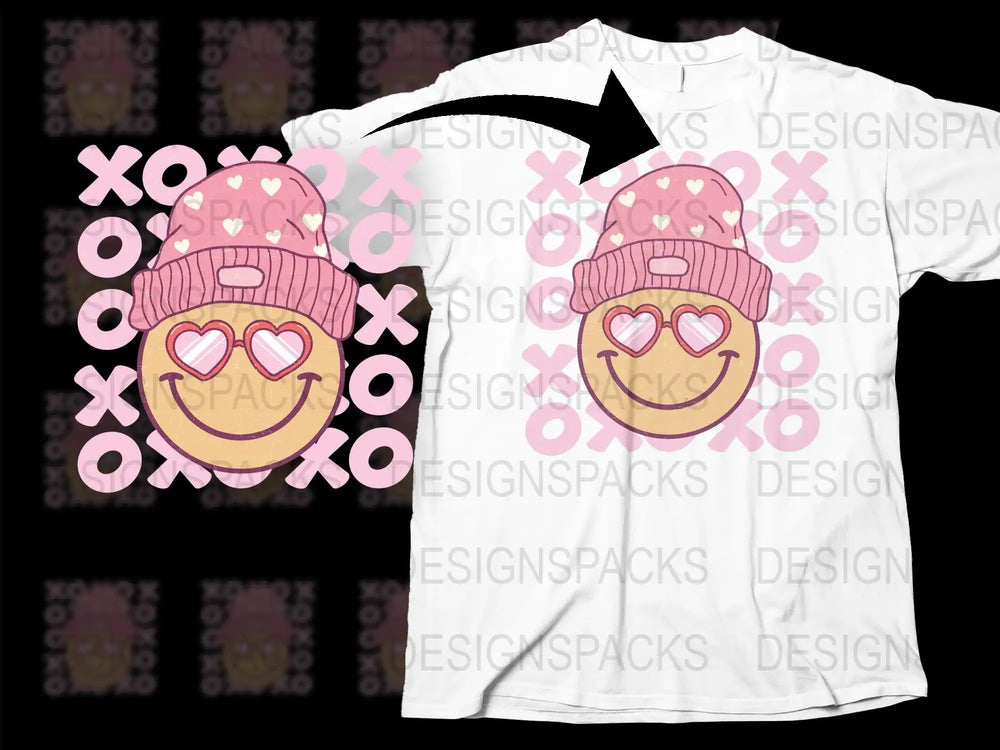 Smiley emoji with heart glasses and pink beanie, XOXO design on white t-shirt
