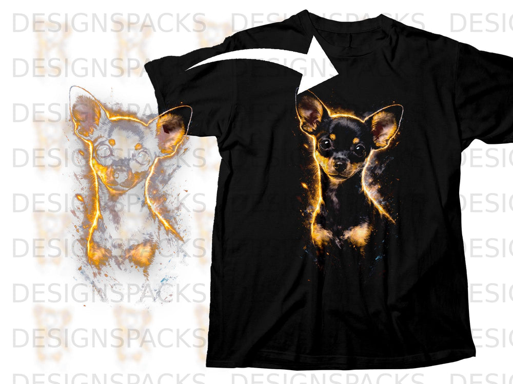 Black t-shirt featuring a vibrant artistic graphic of a chihuahua.