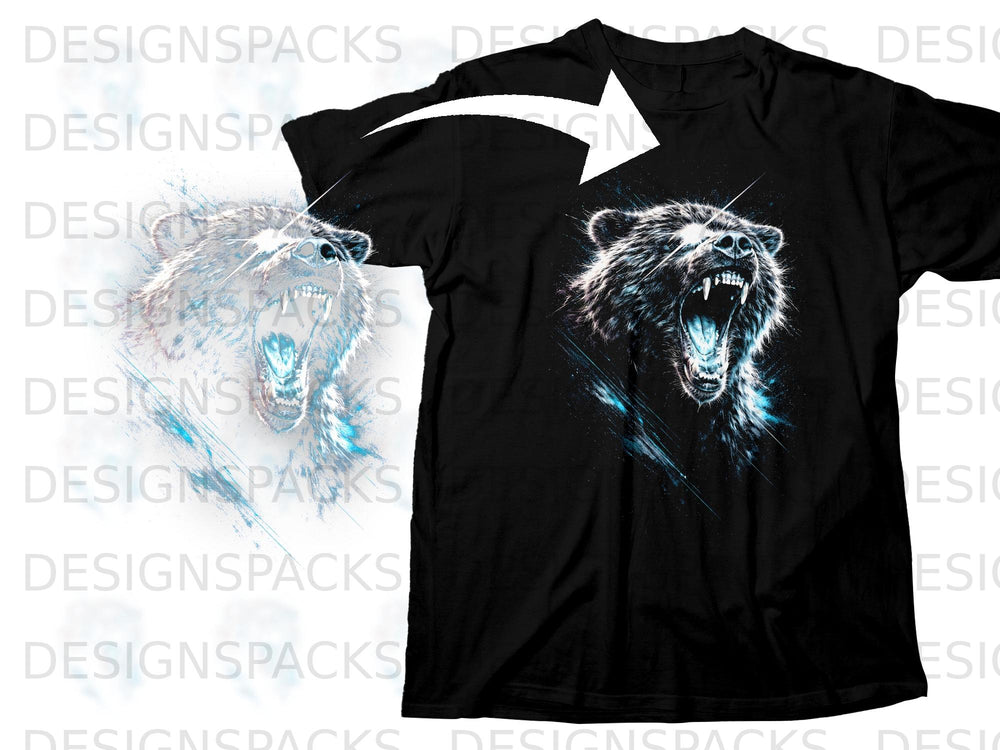 Black t-shirt with a roaring grizzly bear graphic in blue and white.