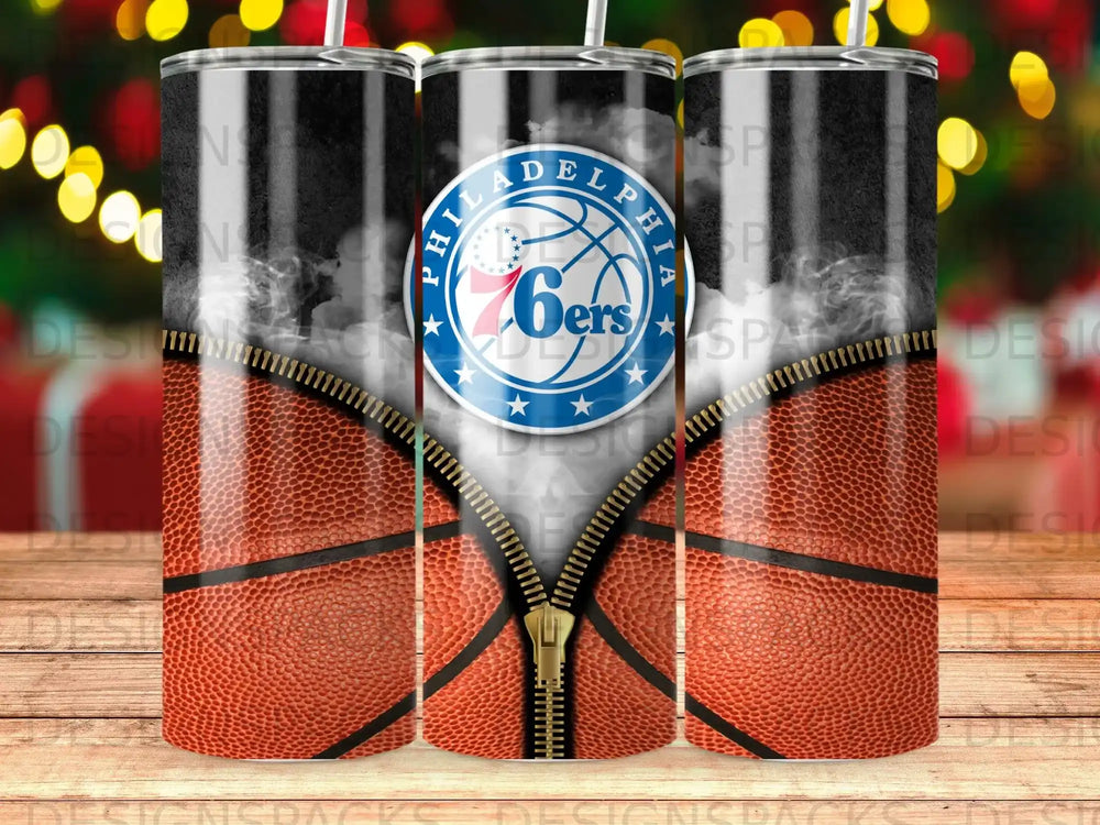 Philadelphia 76ers basketball graphic with zippers on a tumbler.