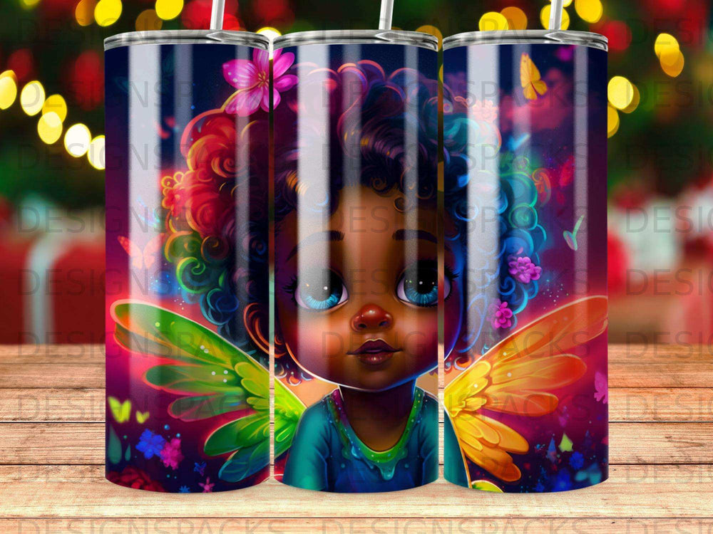Fairy child with colorful curly hair and iridescent wings.