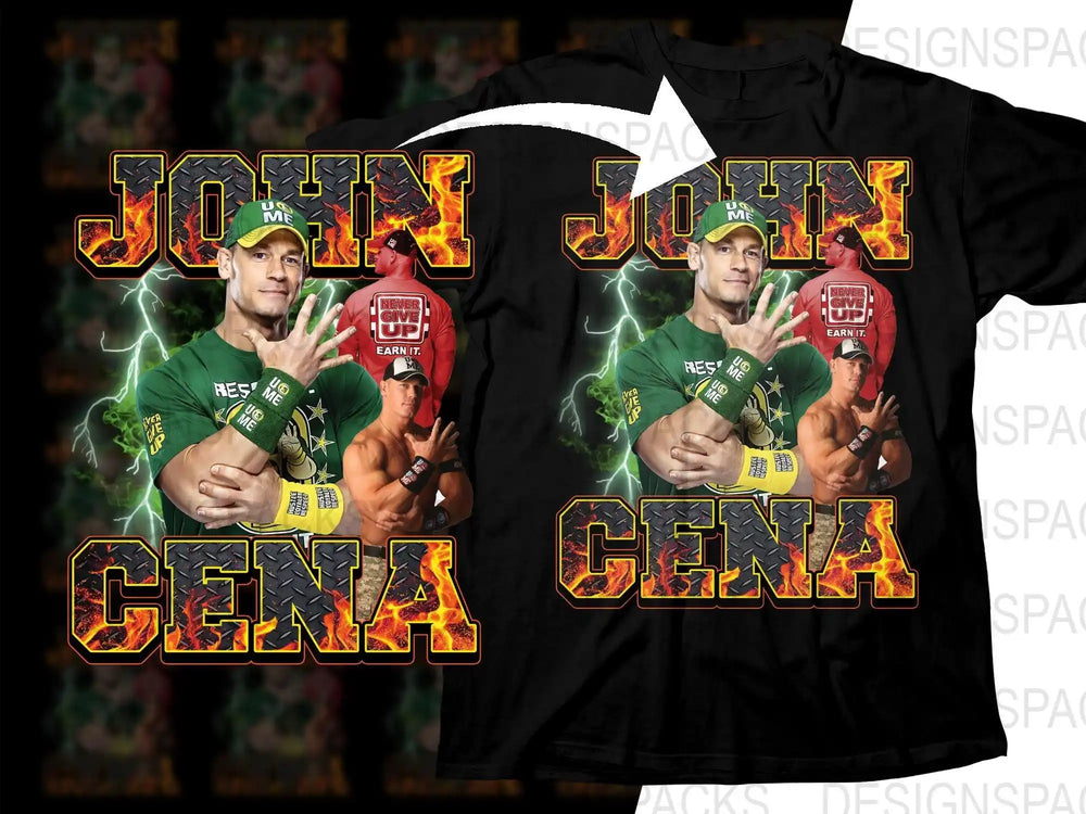 John Cena wrestling design with fiery text, lightning, and multiple poses for DTG/DTF t-shirt printing