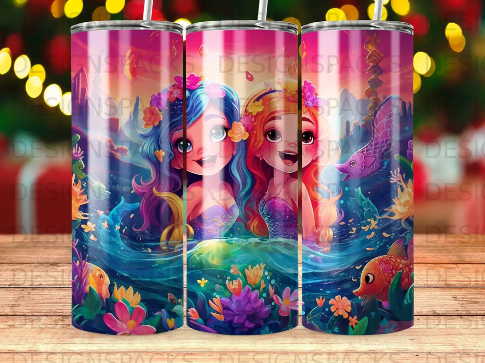 Two mermaids with colorful hair and iridescent tails swim in a vibrant underwater scene.