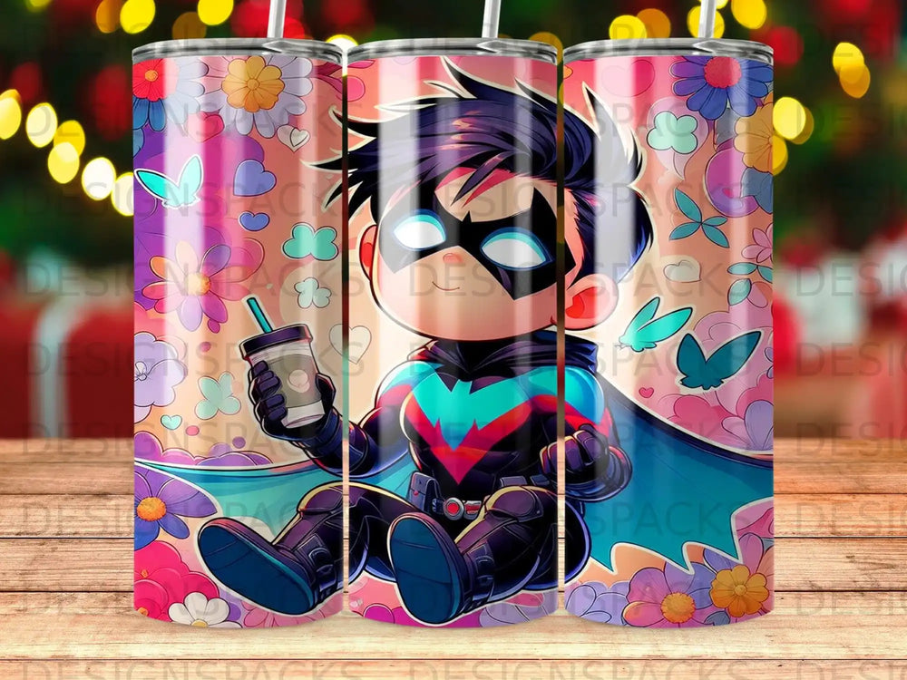 Robin sitting with a drink on a colorful background of flowers and butterflies.