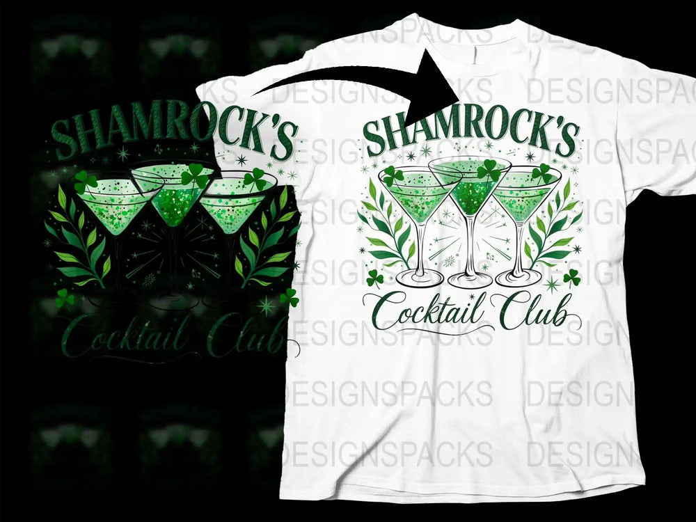 Shamrock's Cocktail Club t-shirt design with green martini glasses and clovers for St. Patrick's Day