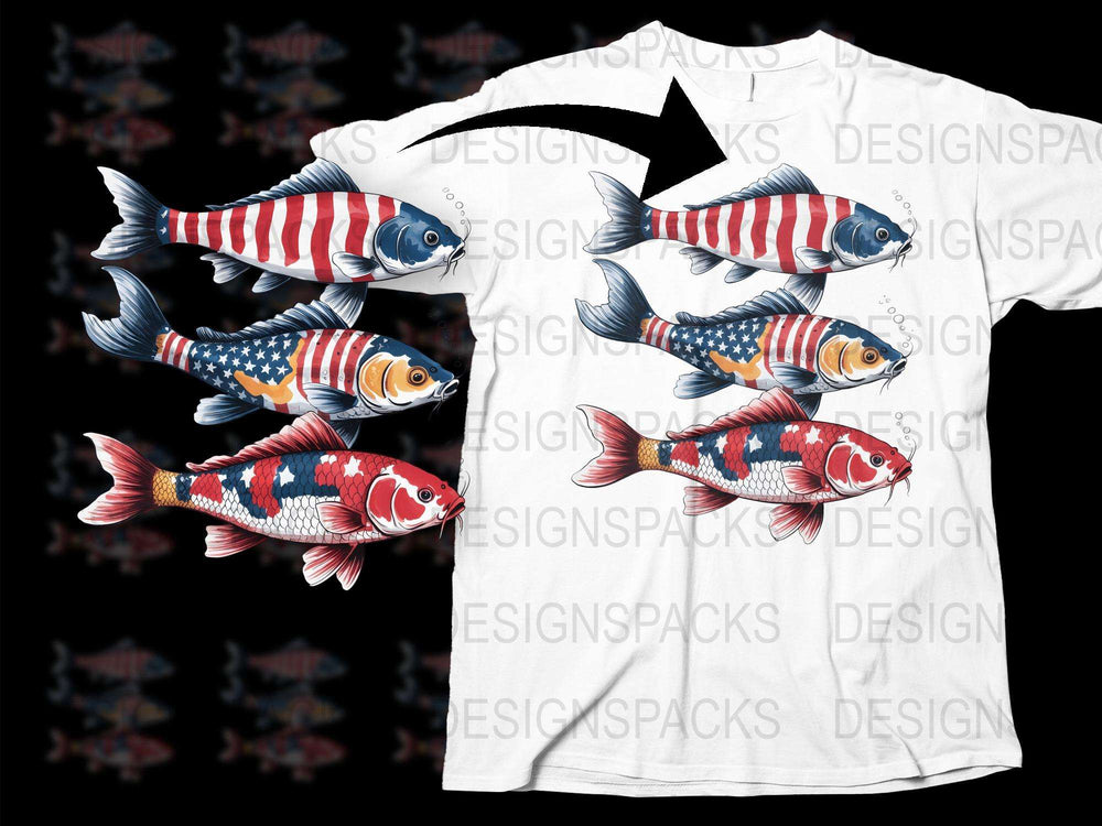 Patriotic Fish T-Shirt, American Flag Koi Fish Print, Graphic Tee, Unisex Summer Top, Unique Fisherman Gift
