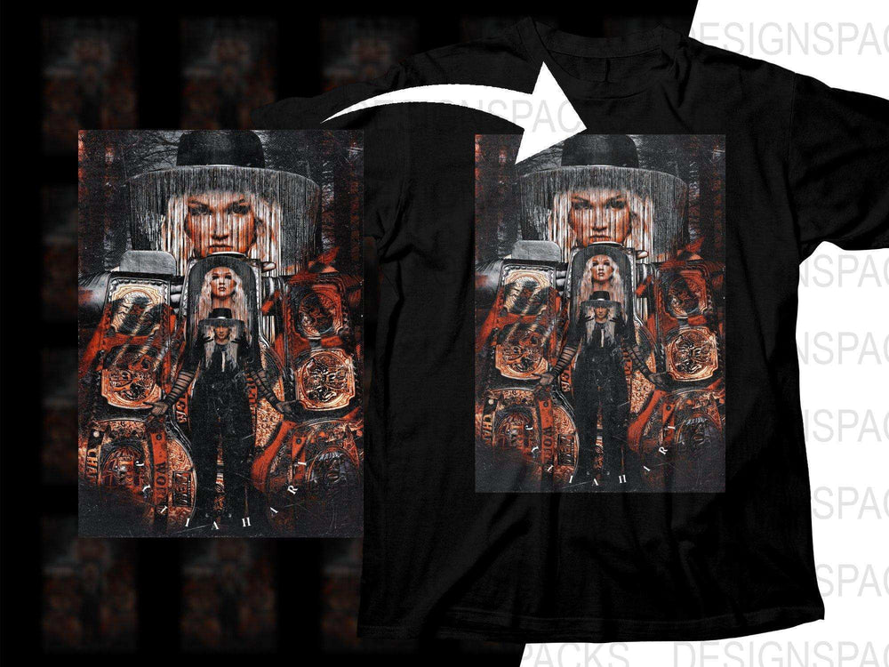 Wrestling championship belt design on black t-shirt, print-ready for DTF/DTG, featuring bold graphics and metallic details