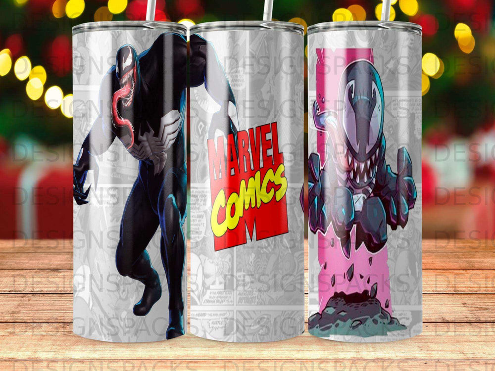 Venom comic book art on a tumbler, with "Marvel Comics" text.