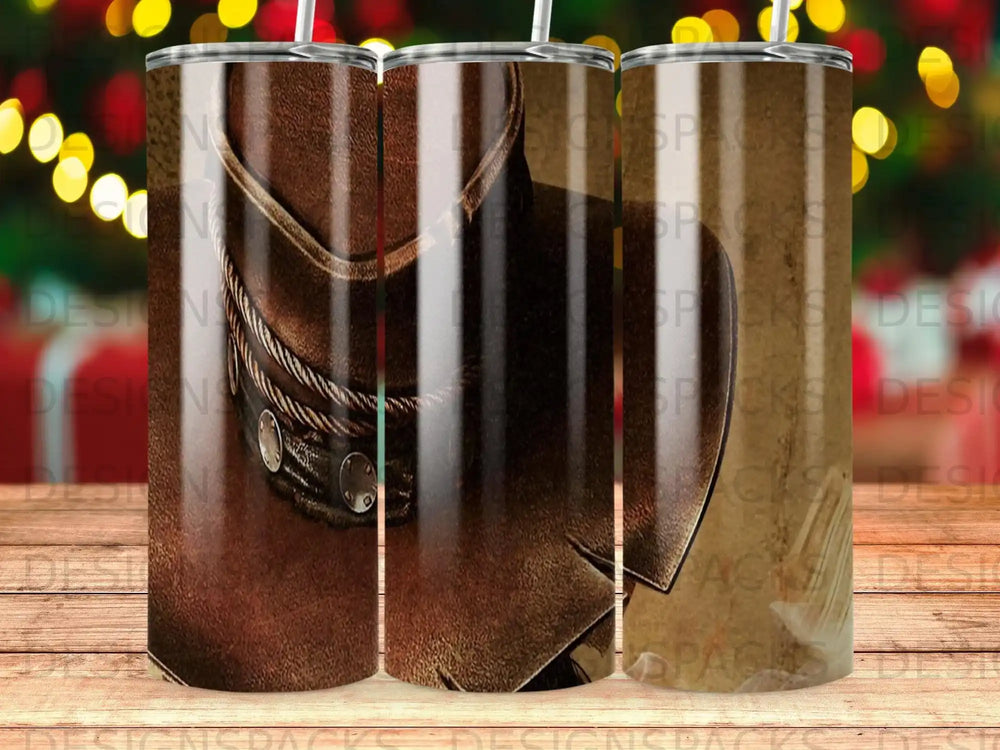 Brown cowboy hat with decorative band on a patterned background.