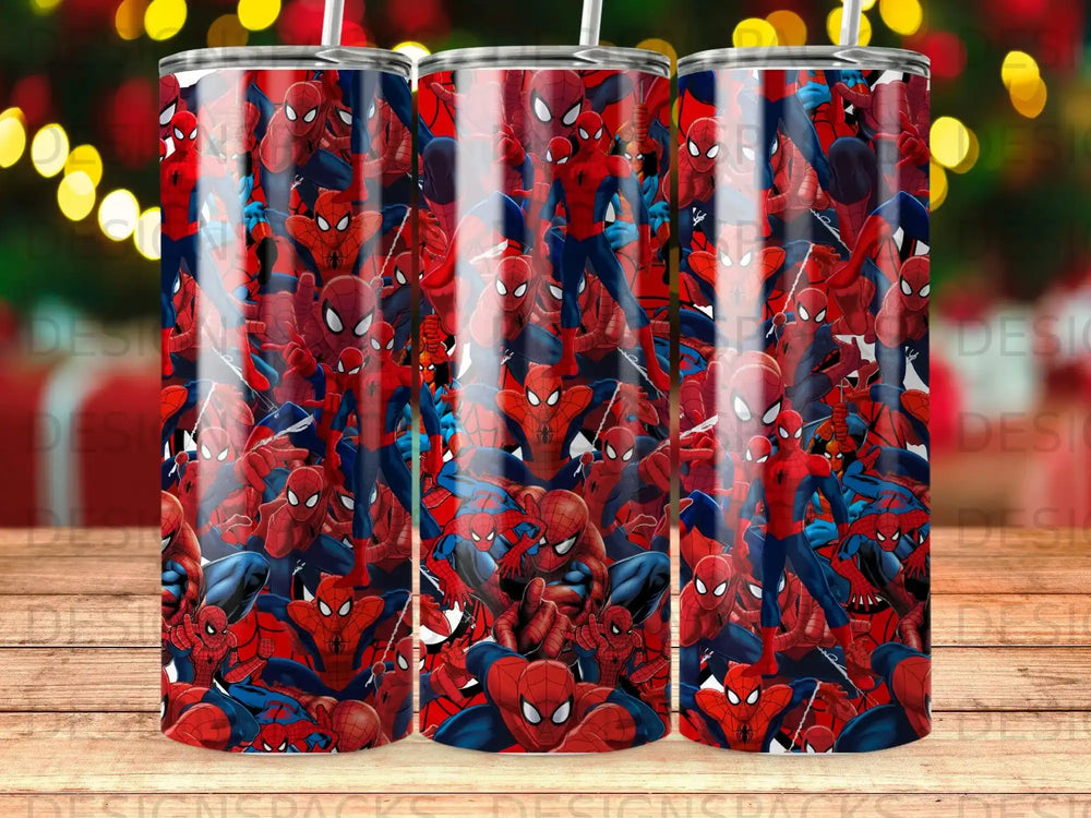 Collage of Spider-Man comic book panels on a tall tumbler.