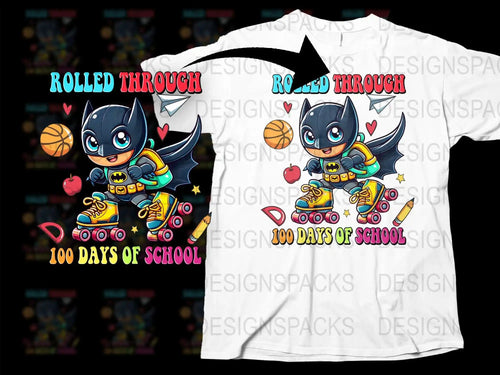 Cute Batman on roller skates design for 100 days of school t-shirt, print-ready SVG/PNG