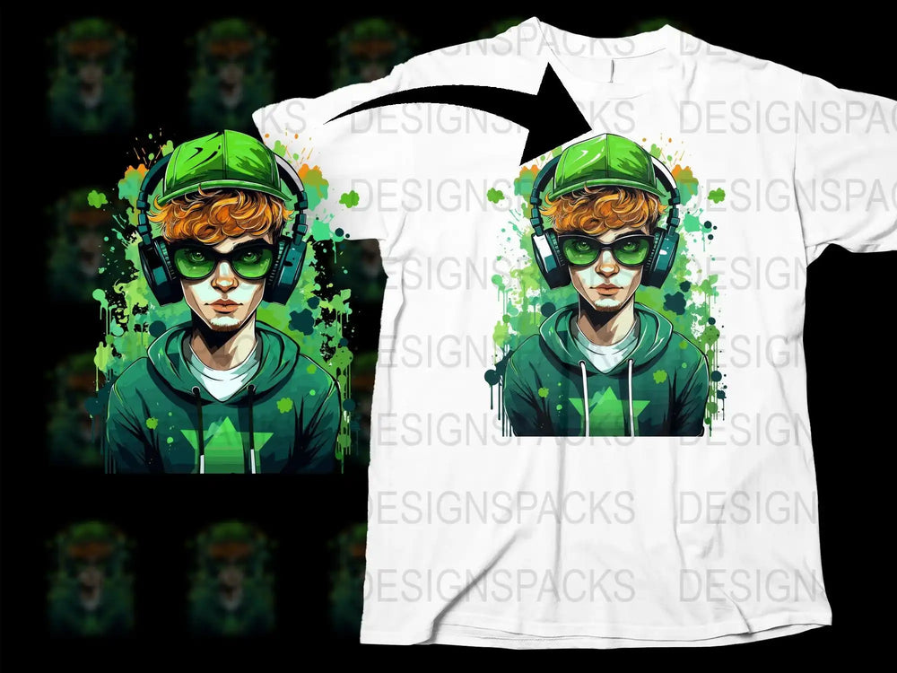 Gamer with green cap, headphones, and hoodie on white t-shirt, print-ready PNG design for DTF/DTG