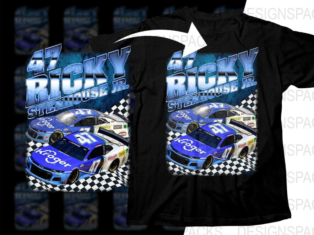 Ricky Stenhouse Jr. #47 NASCAR race car design on black t-shirt, checkered flag, print-ready graphic