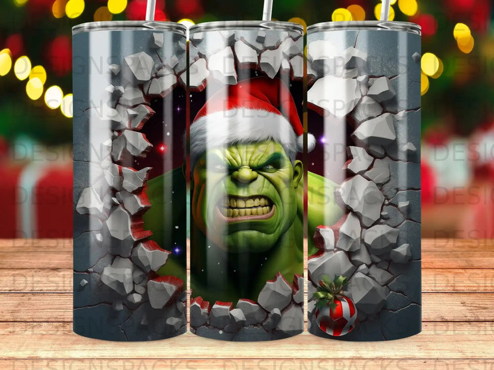 Hulk wearing a Santa hat smashes through a brick wall.