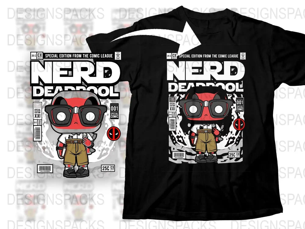 Nerd Deadpool comic-style t-shirt design with pop art character, perfect for DTF/DTG printing