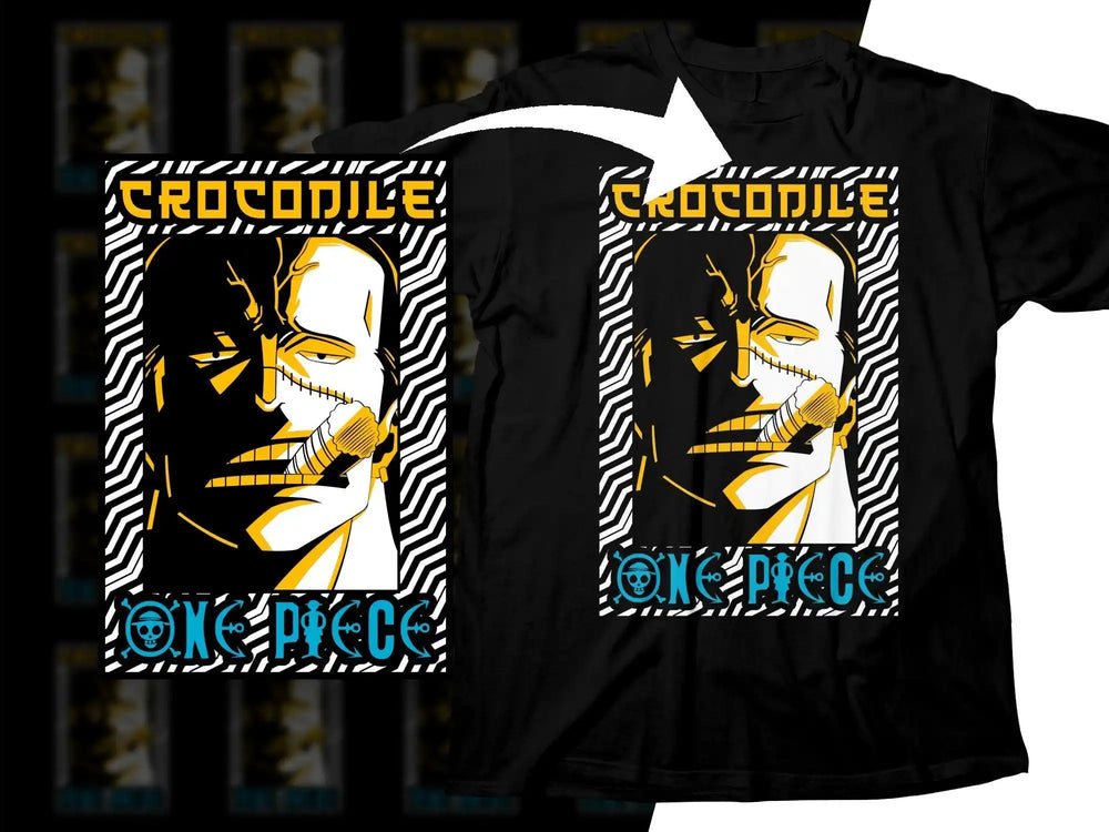 One Piece Crocodile t-shirt design with bold yellow and blue graphics, print-ready for DTG or DTF.