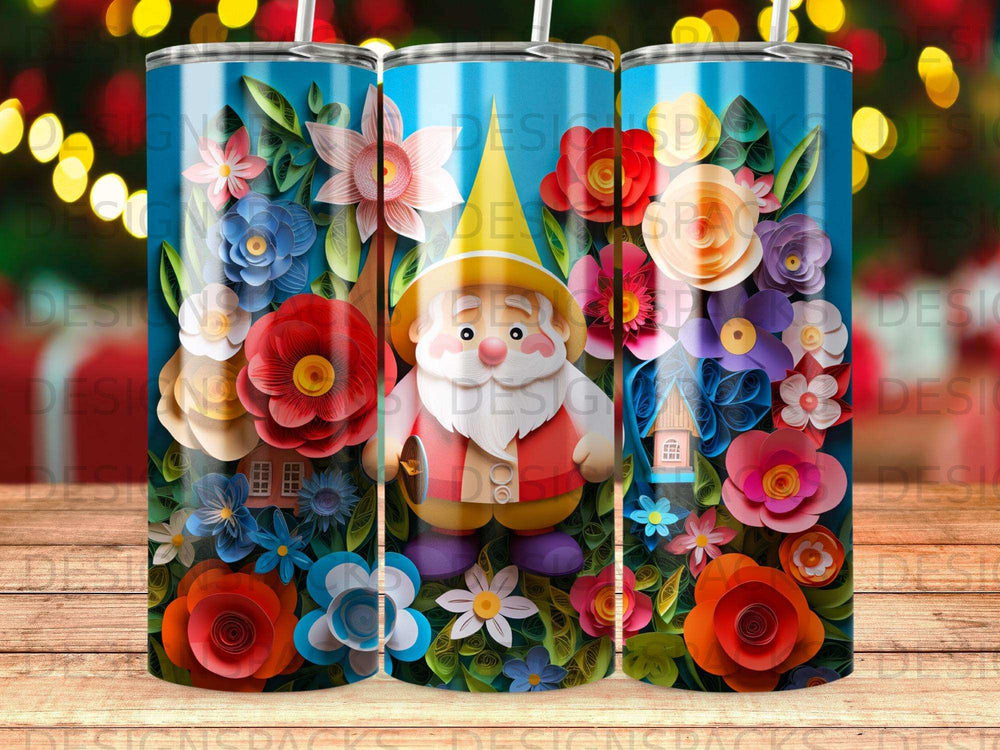 Gnome character with colorful flowers and floral elements on a blue background.