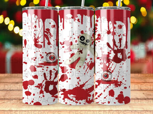 Halloween tumbler with bloody handprints, voodoo doll, and eyeballs.