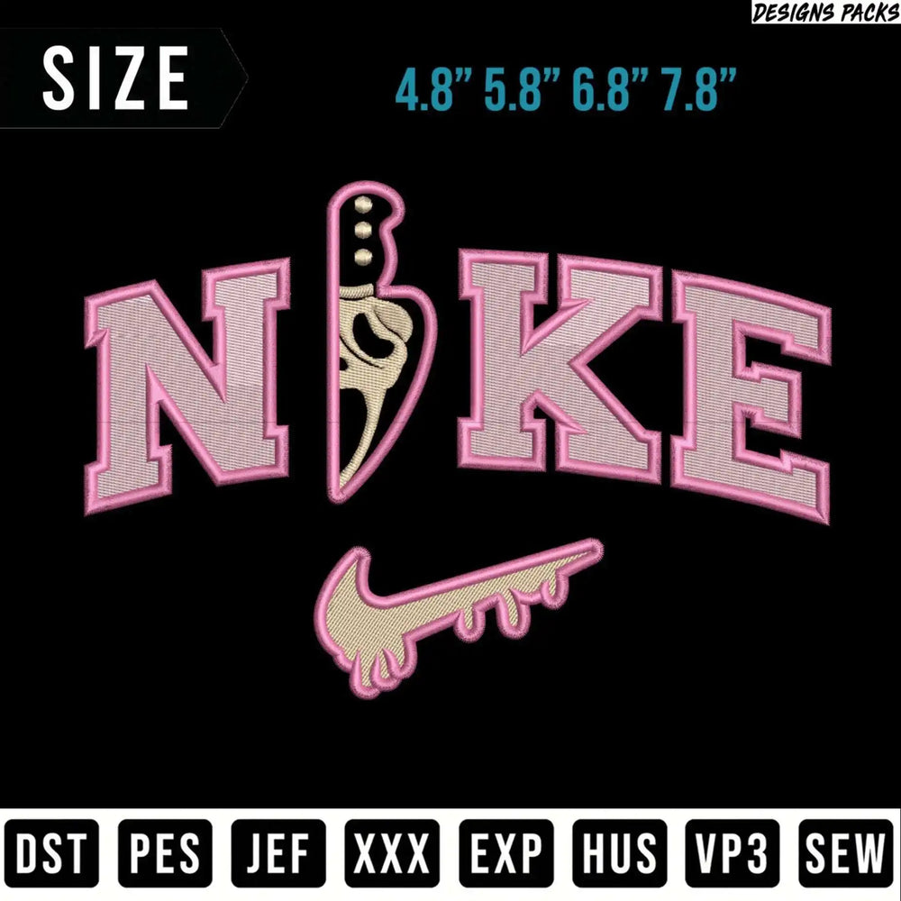 Pink "NOKE" text with a dripping knife and Nike logo on black.