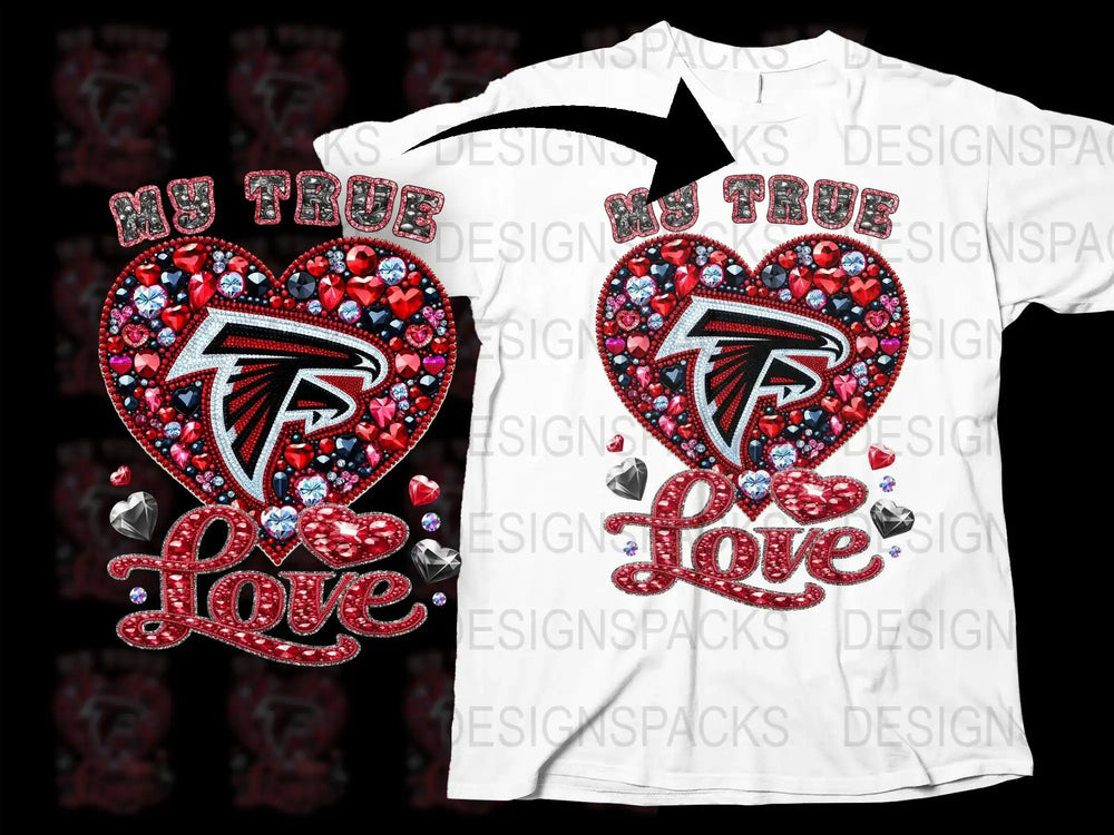 My True Love Atlanta Falcons heart design with rhinestones on white t-shirt
