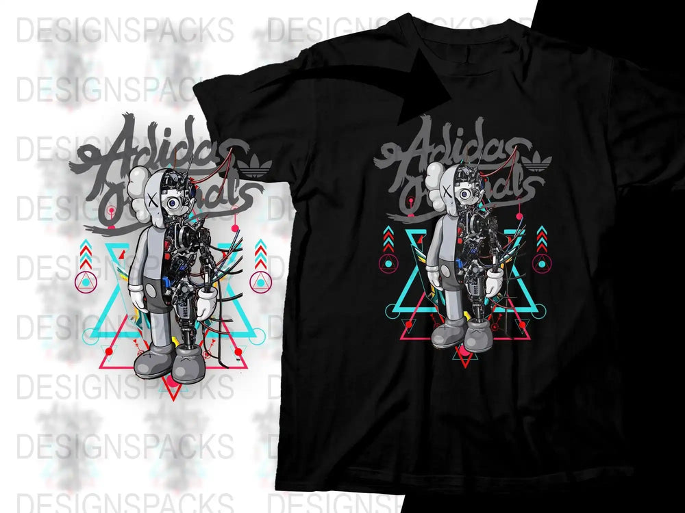 Robotic character design on black t-shirt with geometric patterns and Adidas Originals text
