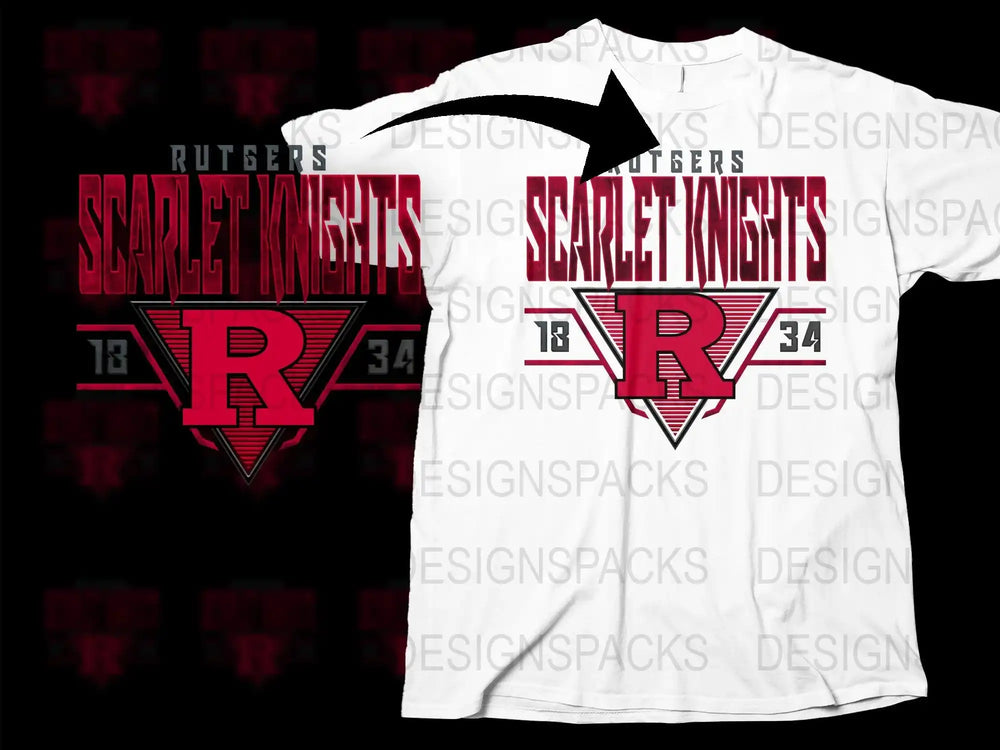 Rutgers Scarlet Knights t-shirt design with bold red graphics and '18 34' text, print-ready for DTG or DTF.