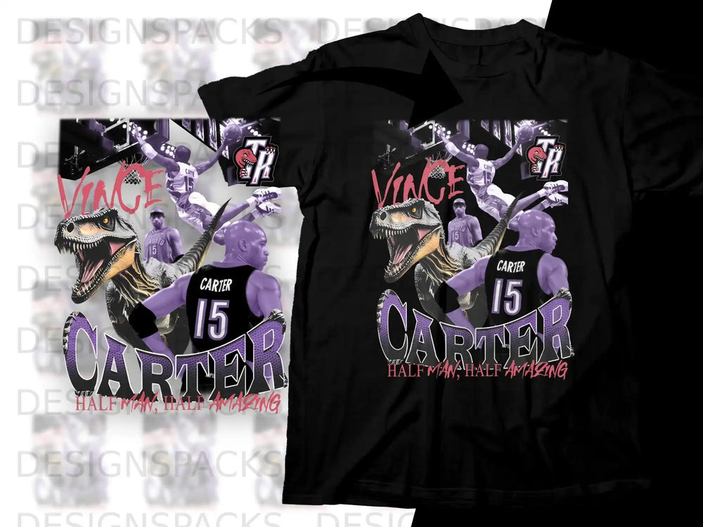 Vince Carter 15 basketball jersey with dinosaur graphic and "Half Man Half Amazing".
