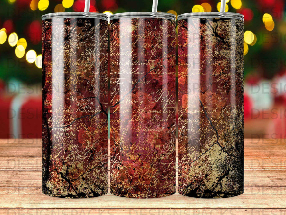 Textured tumbler with antique handwriting and distressed gold accents.