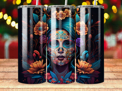 Sugar skull inspired woman with colorful floral designs and blue hair.