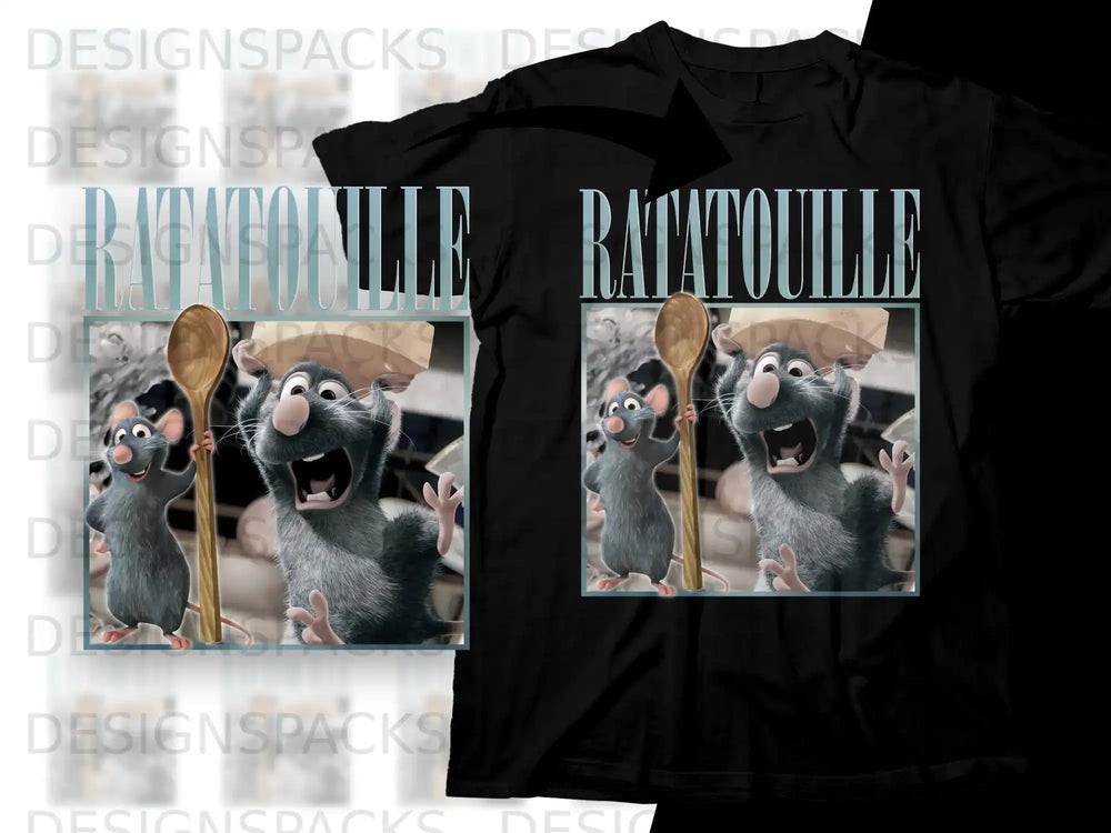 Ratatouille cartoon characters Remy and Emile on a black t-shirt.