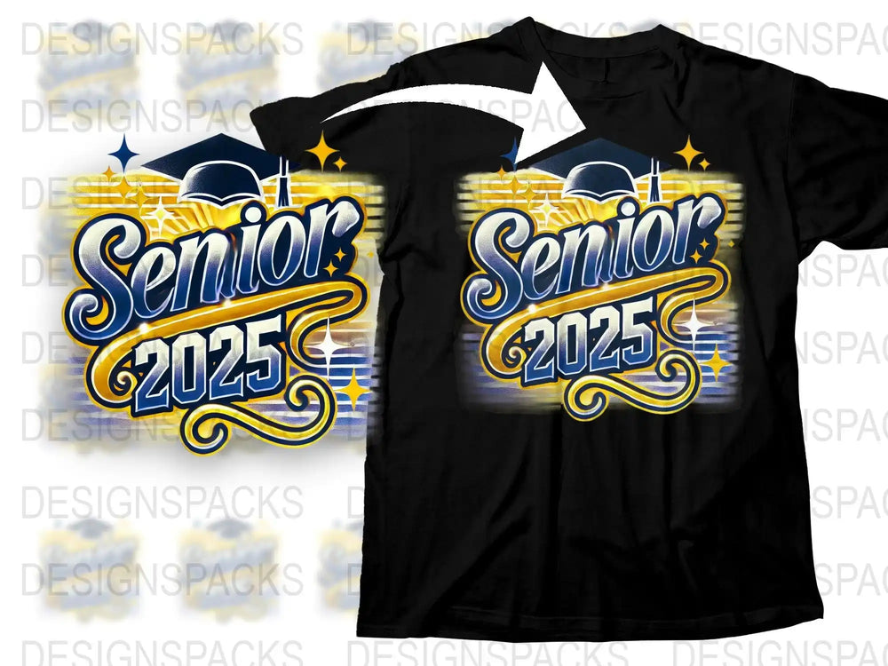 Senior 2025 graduation design on black t-shirt with blue and gold accents