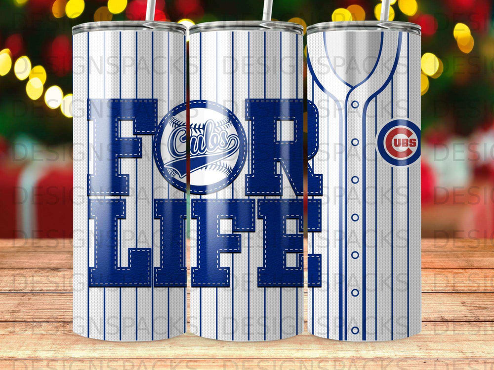 Chicago Cubs "For Life" tumbler with pinstripe baseball uniform design.