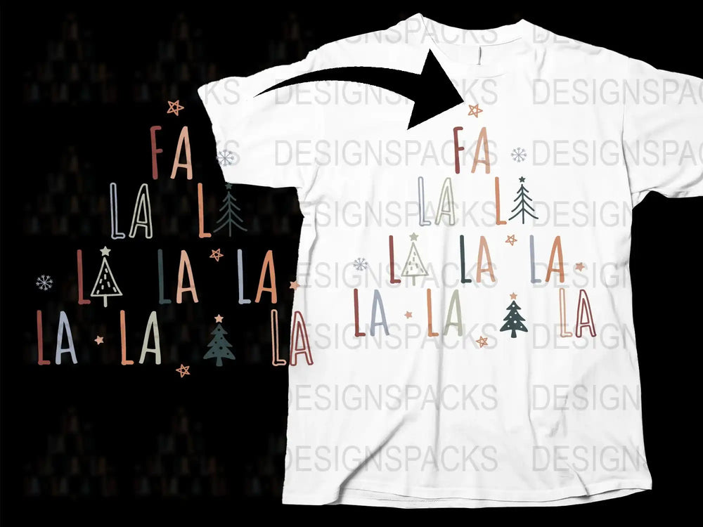Festive Christmas T-Shirt with Colorful Fa La La La and Tree Design, Holiday Apparel