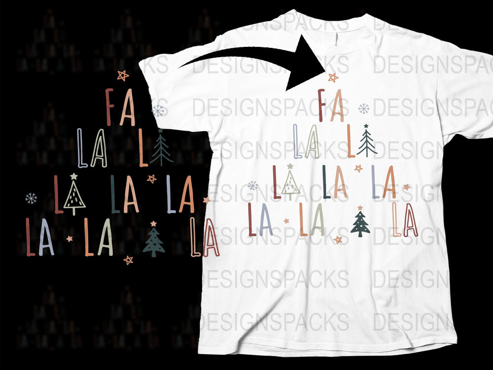 Festive Christmas T-Shirt with Colorful Fa La La La and Tree Design, Holiday Apparel