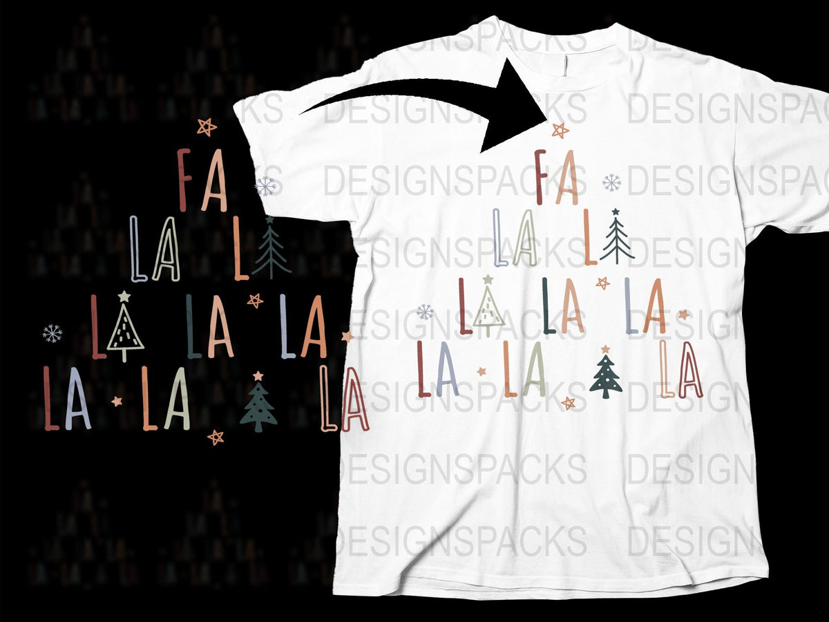 Festive Christmas T-Shirt with Colorful Fa La La La and Tree Design, Holiday Apparel
