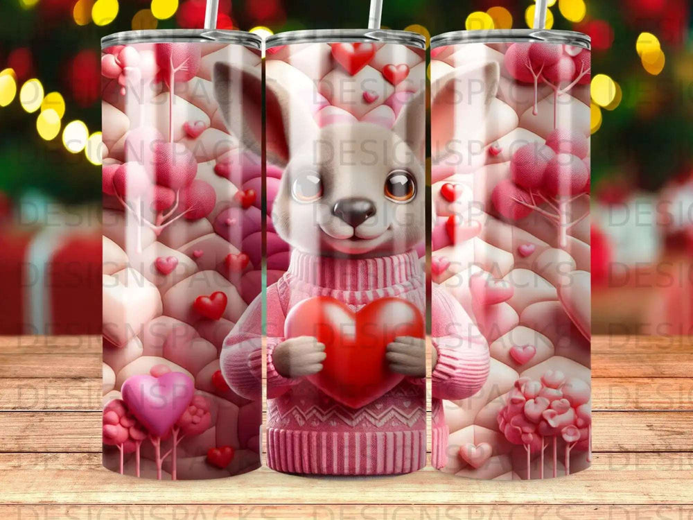 Bunny in pink sweater holding a heart, surrounded by heart designs.