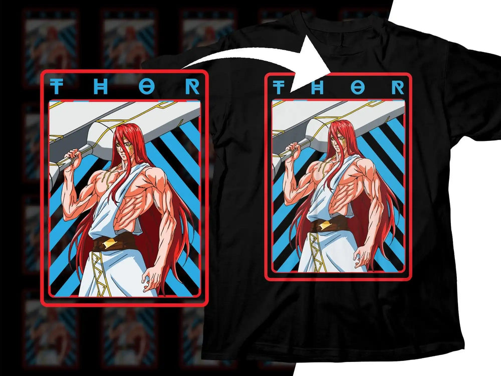 Thor anime-style design on black t-shirt, print-ready graphic with bold red and blue accents