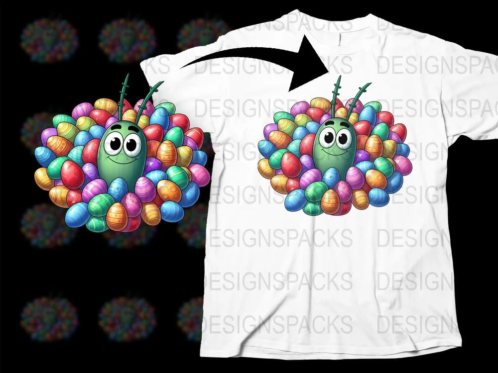 Easter-themed t-shirt design with cute green bug surrounded by colorful eggs, perfect for DTG printing.