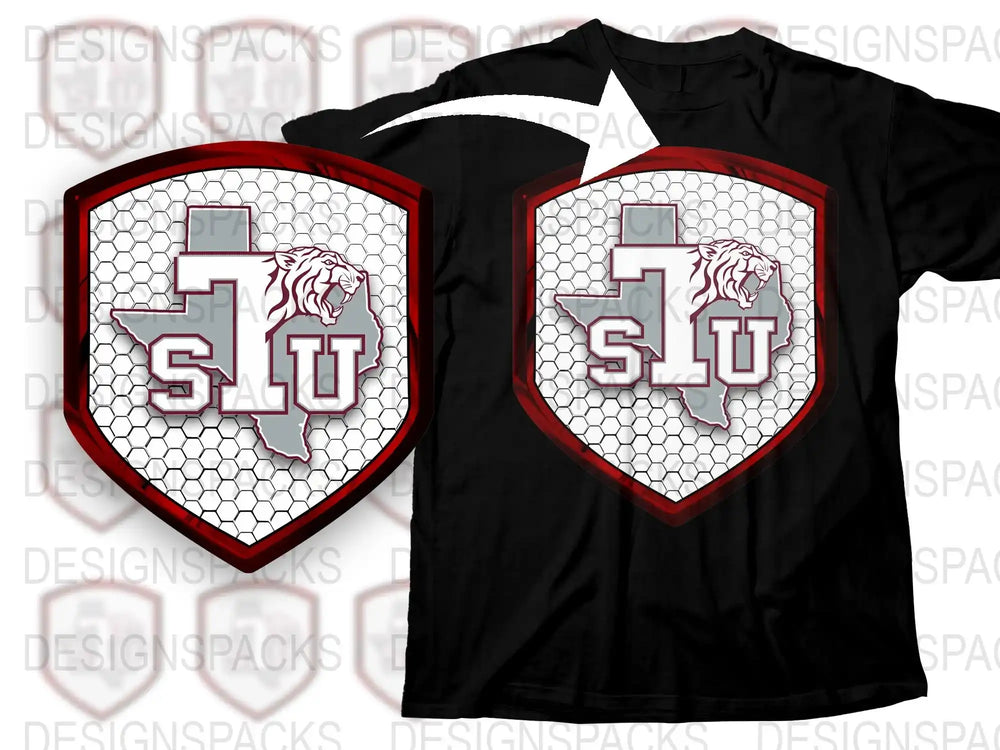 SLU Lion Logo T-Shirt, Red and White Hexagon Pattern, College Team Apparel, Unisex Graphic Tee