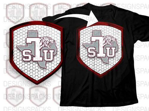 SLU Lion Logo T-Shirt, Red and White Hexagon Pattern, College Team Apparel, Unisex Graphic Tee