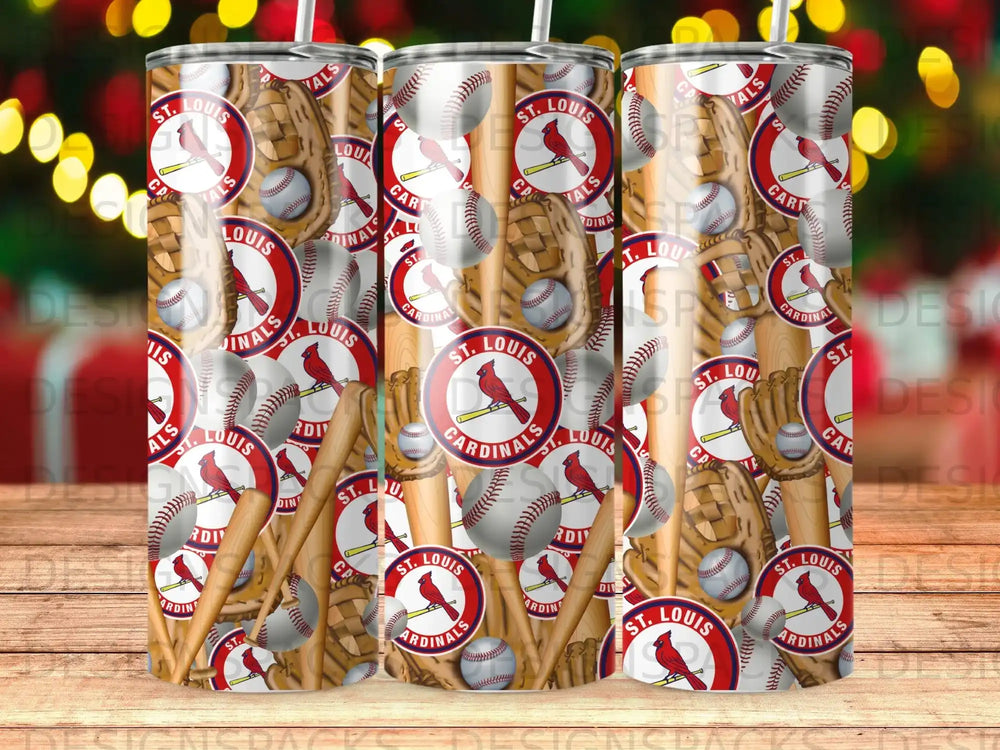 St. Louis Cardinals baseball themed tumbler with logos and equipment.