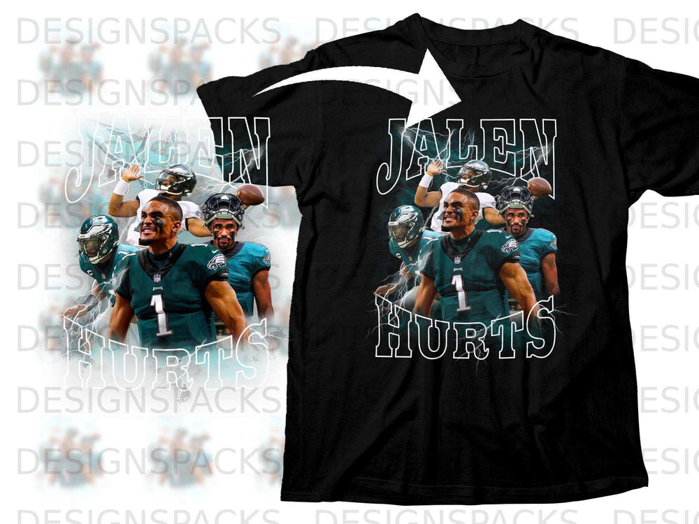 Black t-shirt with Jalen Hurts graphic and lightning effect.