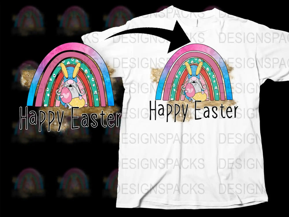 Happy Easter bunny under rainbow design on white t-shirt, print-ready PNG for DTF DTG