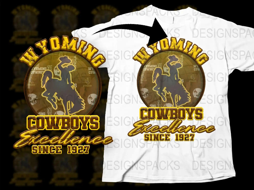 Wyoming Cowboys Excellence Since 1927 t-shirt design with bold yellow and brown graphics