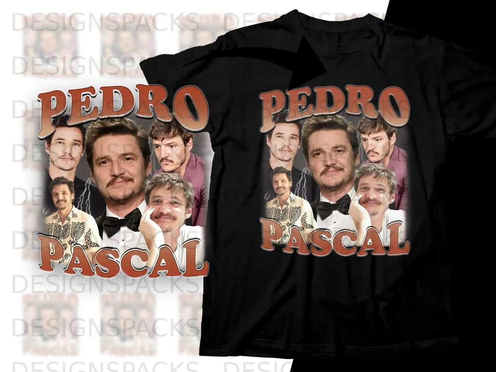 Pedro Pascal collage t-shirt with text "PEDRO PASCAL".