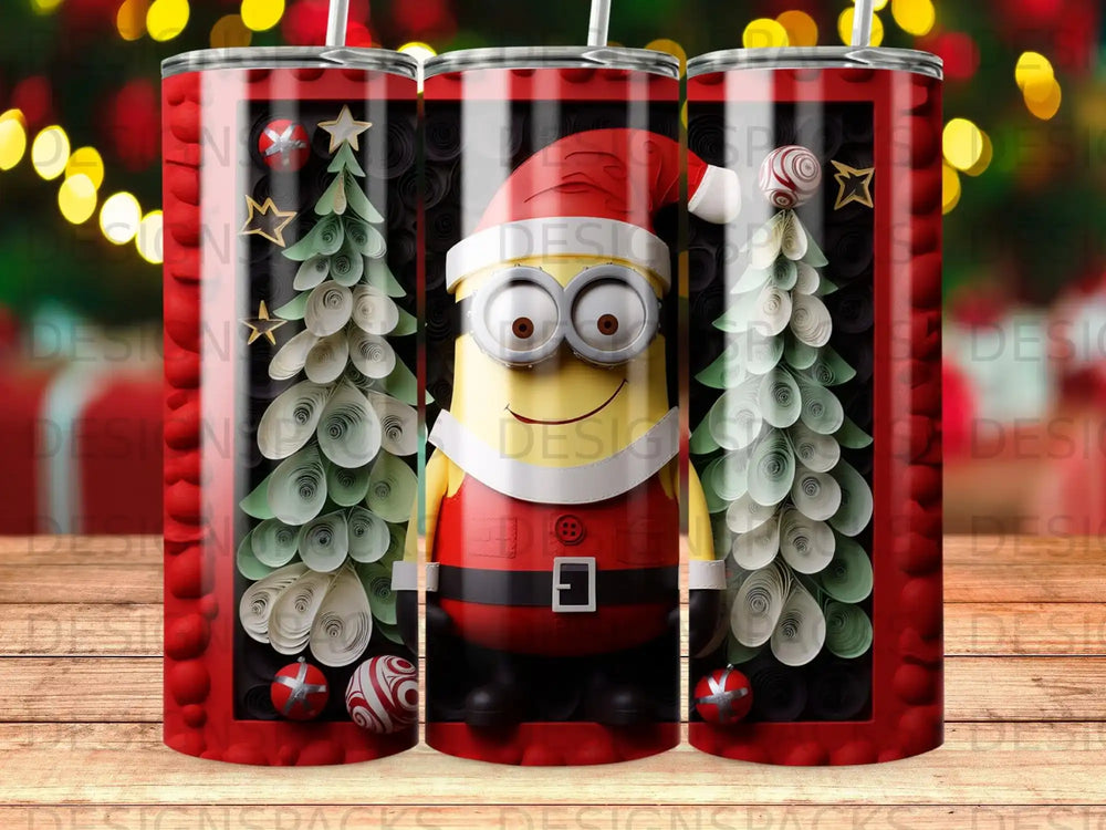 Minion in Santa hat and suit with Christmas trees and ornaments.