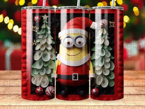 Minion in Santa hat and suit with Christmas trees and ornaments.
