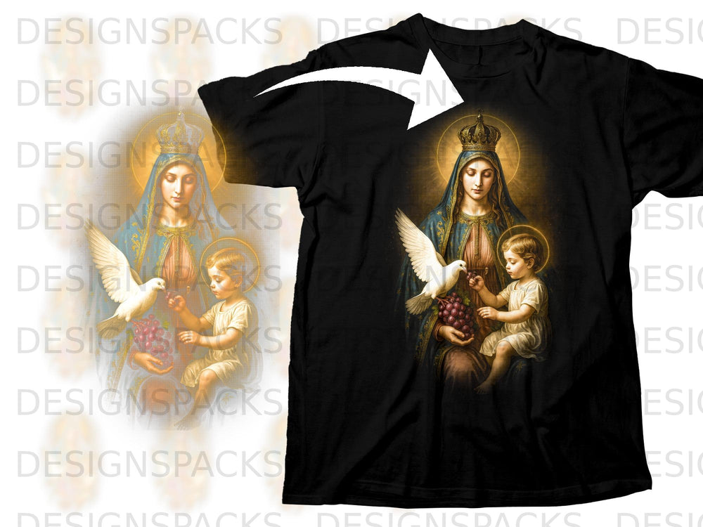 Black t-shirt with religious art of Mary and child with doves and grapes.