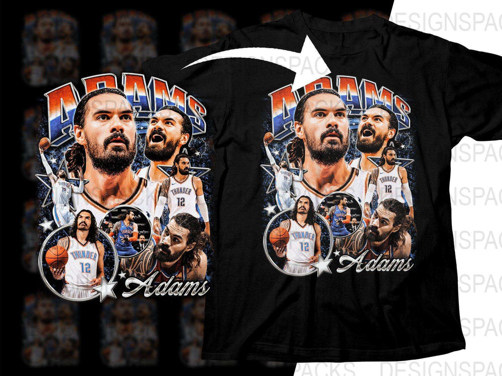 Basketball player Adams t-shirt design with collage of action shots and team jersey graphics