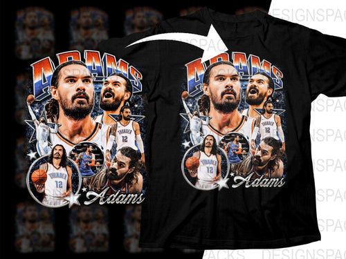 Basketball player Adams t-shirt design with collage of action shots and team jersey graphics
